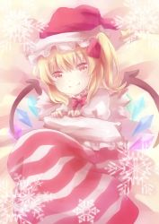 Rule 34 | 1girl, bad id, bad pixiv id, blonde hair, bow, christmas stocking, fang, female focus, flandre scarlet, hat, highres, looking at viewer, pale color, pink theme, red eyes, revision, santa hat, short hair, side ponytail, smile, snowflakes, solo, star (symbol), striped, touhou, wings, zinczinc ka