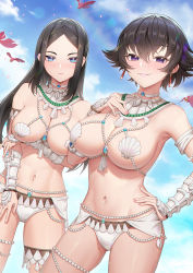 Rule 34 | 2girls, arm under breasts, armpits, beads, bikini, black hair, blue eyes, blue gemstone, blush, breast hold, breasts, brown hair, choker, cleavage, closed mouth, dangle earrings, earrings, expressionless, fiorayne (monster hunter), gem, glint, hair between eyes, hair flaps, hand on own chest, hand up, hayate (leaf98k), highres, jewelry, large breasts, long hair, looking at viewer, luchika (monster hunter), midriff, monster hunter (series), monster hunter rise, multiple girls, navel, panties, parted bangs, parted lips, purple eyes, shell, shell bikini, short hair, sidelocks, smile, stomach, swimsuit, tassel, thigh beads, thighlet, thighs, underwear, white panties, wrist guards