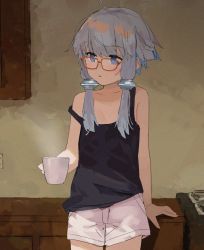 Rule 34 | 1girl, ahoge, arm rest, black shirt, black tank top, blush, commentary request, counter, cup, glasses, hair ornament, highres, holding, holding cup, looking to the side, mug, parted lips, pikumin, purple eyes, purple hair, red-framed eyewear, shirt, short hair with long locks, shorts, solo, steam, stove, strap slip, tank top, voiceroid, white shorts, yuzuki yukari