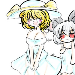 Rule 34 | animal ears, breast envy, breasts, dress, drooling, large breasts, looking at another, medium breasts, mogura-san (dra1dra3dra2), mouse (animal), mouse ears, nazrin, open mouth, saliva, shirt, smile, toramaru shou, touhou, white background, white dress, white headwear, white shirt