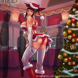 Rule 34 | 1girl, adjusting clothes, adjusting headwear, ass, bare arms, black hair, blunt bangs, boots, bottle, breasts, candle, capcom, christmas, christmas tree, company name, copyright notice, cup, drinking glass, elbow gloves, feet out of frame, fur-trimmed boots, fur-trimmed skirt, fur trim, gloves, han juri, hat, indoors, looking at viewer, looking to the side, medium breasts, microskirt, midriff, no bra, official art, panties, pantyshot, red footwear, red headwear, red panties, red skirt, revealing clothes, santa hat, short hair with long locks, skirt, smile, solo focus, spaghetti strap, strap gap, street fighter, table, thighhighs, underwear, white gloves, white thighhighs, wine glass