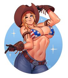 Rule 34 | 1girl, absurdres, belt, bikini, bikini top only, blonde hair, blue eyes, breasts, cleavage, cowboy hat, dead or alive, denim, gloves, hat, highres, jeans, large breasts, long hair, one eye closed, pants, ravenousruss, swimsuit, tecmo, tina armstrong, underboob, wink