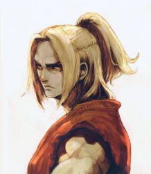Rule 34 | 1boy, blonde hair, closed mouth, dougi, from side, frown, karate gi, ken masters, looking at viewer, male focus, medium hair, minoru omr, muscular, ponytail, profile, red eyes, simple background, solo, street fighter, tagme, white background