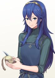 Rule 34 | 1girl, ameno (a meno0), bad id, bad twitter id, blue eyes, blue hair, blush, cooking, earrings, fire emblem, fire emblem awakening, flat chest, food, hair between eyes, jewelry, knife, long hair, looking at viewer, lucina (fire emblem), nintendo, potato, simple background, smile, solo, tiara, white background