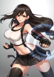 Rule 34 | 1girl, absurdres, bare shoulders, belt, black gloves, black hair, black skirt, black thighhighs, blush, breasts, cleavage, closed mouth, collarbone, earrings, elbow gloves, elbow pads, fighting stance, final fantasy, final fantasy vii, final fantasy vii remake, fingerless gloves, gloves, highres, hua-j, jewelry, large breasts, long hair, looking at viewer, low-tied long hair, miniskirt, pleated skirt, punching, red eyes, shirt, skirt, sparkle, suspender skirt, suspenders, tank top, taut clothes, taut shirt, thighhighs, thighs, tifa lockhart, white tank top