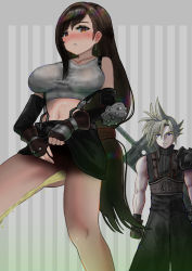 Rule 34 | 1boy, 1girl, armor, belt, black pants, black shirt, black skirt, blonde hair, blue eyes, blush, breasts, brown eyes, brown gloves, brown hair, buster sword, clothes lift, cloud strife, earrings, elbow gloves, elbow pads, feet out of frame, final fantasy, final fantasy vii, fingerless gloves, gloves, highres, jewelry, large breasts, lifting own clothes, long hair, looking at viewer, matching hair/eyes, midriff, navel, no panties, nokironokii, pants, parted lips, peeing, pussy, shadow, shirt, shoulder armor, skirt, skirt lift, sleeveless, spiked hair, square enix, standing, suspender skirt, suspenders, sword, sword behind back, tank top, tifa lockhart, turtleneck, very long hair, weapon, white tank top
