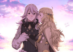 Rule 34 | 2girls, autumn-sacura, blonde hair, cape, fire emblem, fire emblem fates, gambeson, gloves, hair between eyes, hairband, holding hands, long sleeves, looking at another, multiple girls, nintendo, ophelia (fire emblem), pink hair, smile, soleil (fire emblem), upper body, white gloves, yuri