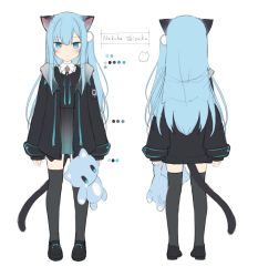 Rule 34 | 1girl, amashiro natsuki, animal ears, black dress, black footwear, black jacket, blue eyes, blue hair, blush, cat ears, cat girl, cat tail, character name, closed mouth, collared shirt, color guide, commentary request, dress, grey thighhighs, hair between eyes, hair ornament, highres, holding, holding stuffed toy, jacket, loafers, long hair, long sleeves, multiple views, nekoha shizuku, one side up, open clothes, open jacket, original, shirt, shoes, sleeves past wrists, standing, stuffed animal, stuffed cat, stuffed toy, tail, thighhighs, very long hair, white background, white shirt