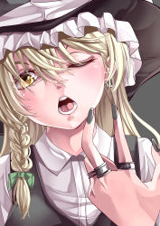 Rule 34 | 1girl, absurdres, black hat, black nails, black vest, blonde hair, bow, braid, collared shirt, ear piercing, earrings, eyebrows hidden by hair, grey background, hair between eyes, hat, hat bow, highres, jewelry, kirisame marisa, large hat, looking at viewer, lower teeth only, mahoro (minase mahoro), nail polish, one eye closed, open mouth, piercing, ring, shirt, simple background, single braid, solo, teeth, touhou, upper body, upper teeth only, vest, white bow, white shirt, witch hat, yellow eyes