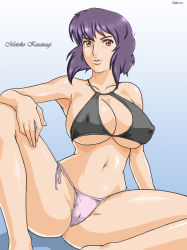 Rule 34 | 1girl, arm support, bad anatomy, bikini, bra, breasts, cameltoe, character name, cleavage, covered erect nipples, derivative work, ghost in the shell, gradient background, halterneck, hidrico, knee up, kusanagi motoko, large breasts, leg lift, lingerie, lips, navel, panties, poorly drawn, purple hair, red eyes, shiny skin, short hair, side-tie bikini bottom, signature, sitting, solo, spread legs, swimsuit, thong, underwear