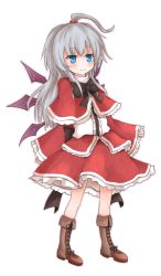 Rule 34 | 1girl, blue eyes, boots, bow, capelet, cross-laced footwear, dress, female focus, full body, grey hair, hair bobbles, hair ornament, highres, lace-up boots, light smile, long hair, mystic square, ponytail, shinki (touhou), shize (coletti), simple background, smile, solo, touhou, touhou (pc-98), white background, wings