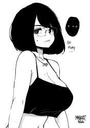 Rule 34 | ..., 1girl, absurdres, artist name, bare arms, bare shoulders, bed, bob cut, breasts, camisole, cleavage, crop top, desyana laurentia, english text, from side, glasses, greyscale, highres, jewelry, looking at viewer, lying, medium breasts, medium hair, mole, mole on breast, mole under eye, monochrome, necklace, norman maggot, original, short hair, simple background, solo, spoken ellipsis, sweatdrop, swept bangs, upper body, white background