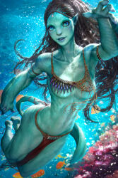 Rule 34 | 1girl, alien, animal nose, avatar: the way of water, barefoot, blue lips, blue nails, breasts, brown hair, collarbone, colored nipples, colored skin, cornrows, dappled sunlight, eyelashes, fewer digits, fingernails, green skin, highres, james cameron&#039;s avatar, james cameron's avatar, light smile, long hair, looking at viewer, na&#039;vi, narrow waist, neoartcore, nipple slip, nipples, paid reward available, pelvic curtain, pointy ears, purple nipples, small breasts, solo, sunlight, swimming, tail, teeth, thighs, toned, tribal, tsireya, underboob, underwater, upper teeth only, wavy hair, webbed hands