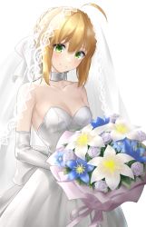 Rule 34 | 1girl, absurdres, ahoge, artoria pendragon (all), artoria pendragon (fate), blonde hair, blue flower, bouquet, braid, breasts, bridal veil, bride, dress, elbow gloves, fate/stay night, fate (series), flower, french braid, gloves, green eyes, highres, holding, holding bouquet, official alternate costume, saber (fate), saber (royal dress) (fate), sidelocks, sleeveless, sleeveless dress, small breasts, smile, solo, strapless, strapless dress, tsurupy, upper body, veil, wedding dress, white dress, white flower, white gloves