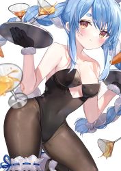 Rule 34 | 1girl, :t, accident, bare arms, bare shoulders, black gloves, black leotard, blue hair, blush, braid, breasts, bridal garter, brown eyes, brown pantyhose, closed mouth, commentary request, cup, drink, drinking glass, food-themed hair ornament, gloves, hair ornament, highres, holding, holding tray, hololive, leotard, looking at viewer, medium breasts, multicolored hair, pantyhose, shiohana, shoes, simple background, solo, strapless, strapless leotard, sweatdrop, tray, twin braids, twintails, two-tone hair, usada pekora, usada pekora (1st costume), virtual youtuber, white background, white footwear, white hair
