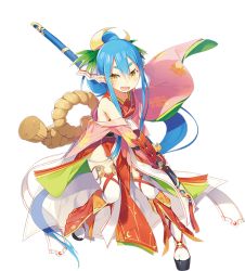 Rule 34 | 1girl, awakening (sennen sensou aigis), blue hair, full body, high ponytail, holding, holding sword, holding weapon, kaguya (sennen sensou aigis), katana, katou itsuwa, long hair, long sleeves, looking at viewer, o-ring, official art, open mouth, platform footwear, pointy ears, round teeth, sandals, sennen sensou aigis, sidelocks, solo, sword, teeth, thick eyebrows, thighhighs, transparent background, very long hair, weapon