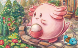 Rule 34 | black eyes, chansey, closed mouth, creature, creatures (company), door, flower, full body, game freak, gen 1 pokemon, nintendo, no humans, official art, plant, pokemon, pokemon (creature), pokemon tcg, smile, solo, sowsow, squirt bottle, squirtle, standing, third-party source