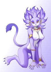 Rule 34 | 1girl, alternate form, animal ears, armlet, bracelet, breasts, cat ears, cat girl, cat tail, claws, colored sclera, earrings, fangs, furry, highres, isabella (seiken densetsu 3), jewelry, mythril, necklace, no nipples, no pussy, purple fur, purple hair, red sclera, ring, seiken densetsu, seiken densetsu 3, slit pupils, smile, tail