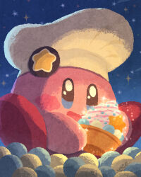 Rule 34 | badge, blue eyes, blush stickers, chef hat, closed mouth, cupcake, food, glowing, happy, hat, highres, kirby, kirby (series), kirby cafe, miclot, night, night sky, nintendo, no humans, pink footwear, shoes, sky, sparkle, sparkling eyes, star (sky), starry sky, white headwear