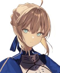 Rule 34 | 1girl, ahoge, armor, armored dress, artoria pendragon (all), artoria pendragon (fate), blonde hair, blue dress, blue eyes, blue ribbon, braid, braided bun, breastplate, closed mouth, dress, expressionless, eyelashes, fate/stay night, fate (series), hair between eyes, hair bun, hair ribbon, highres, looking at viewer, portrait, puffy sleeves, ribbon, saber (fate), simple background, solo, tamitami, white background