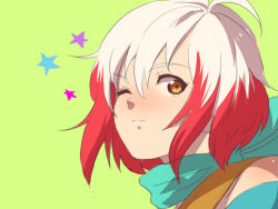 Rule 34 | 1girl, green background, multicolored hair, one eye closed, pascal (tales), red hair, scarf, short hair, smile, solo, tales of (series), tales of graces, two-tone hair, white hair, wink, yellow eyes