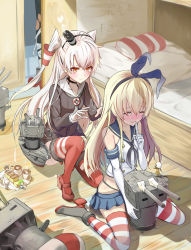 Rule 34 | 10s, 2girls, amatsukaze (kancolle), bakatesu59, blonde hair, blush, brown eyes, closed eyes, crying, damage control crew (kancolle), dress, elbow gloves, fairy (kancolle), gloves, hairband, kantai collection, latte art, long hair, multiple girls, musashi (kancolle), personification, rensouhou-chan, rensouhou-kun, sailor dress, school uniform, serafuku, shimakaze (kancolle), short dress, silver hair, single glove, striped clothes, striped legwear, striped thighhighs, tears, thighhighs, translation request, twintails, two side up, type 3 depth charge projector, zettai ryouiki
