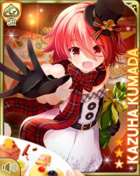 Rule 34 | 1girl, :o, bare shoulders, black gloves, bottle, buttons, card (medium), character name, christmas, earrings, girlfriend (kari), gloves, hat, indoors, jewelry, kumada kazuha, looking at viewer, matching hair/eyes, official art, open mouth, panicking, pantaloons, plaid, plate, qp:flapper, red eyes, red hair, red shirt, scarf, shirt, short hair, table, tagme, thighhighs, top hat, wine bottle