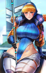 Rule 34 | 1girl, adapted costume, apex legends, areola slip, ass, badcompzero, blue eyes, blue gloves, blue leotard, boots, breasts, brown hair, gloves, highres, huge breasts, jacket, legs, leotard, lips, long sleeves, looking at viewer, open fly, pole, solo, tattoo, thick thighs, thigh boots, thighhighs, thighs, wattson (apex legends)