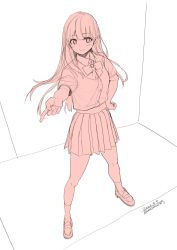Rule 34 | 1girl, blush, bow, bowtie, closed mouth, collared shirt, hand on own hip, highres, index finger raised, loafers, long hair, looking at viewer, monochrome, original, outstretched arm, plaid, plaid skirt, school uniform, shirt, shoes, short sleeves, sketch, skirt, smile, socks, solo, standing, unasaka ryou