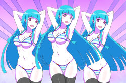 Rule 34 | 3girls, :d, ant (fenixant), arms behind head, arms up, bikini, black legwear, blue hair, blunt bangs, blush, bow, breasts, cleavage, clone, colored skin, dancing, gluteal fold, hime cut, large breasts, long hair, me!me!me!, me!me!me! dance (meme), meme, meme (me!me!me!), multiple girls, navel, open mouth, purple eyes, smile, striped bikini, striped clothes, swimsuit, thigh gap, thighhighs, underboob, very long hair, white skin