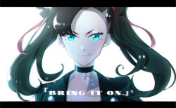 Rule 34 | 1girl, absurdres, asymmetrical hair, bad id, bad pixiv id, black choker, black hair, black jacket, blue eyes, choker, chromatic aberration, closed mouth, collarbone, creatures (company), earrings, english text, female focus, forehead, game freak, grey hair, hair ribbon, happy, highres, iogi (iogi k), jacket, jewelry, letterboxed, long hair, looking at viewer, marnie (pokemon), multicolored hair, nintendo, pink ribbon, pokemon, pokemon swsh, portrait, ribbon, simple background, single earring, smile, solo, straight-on, twintails, two-tone hair, undercut, upper body, v-shaped eyebrows, white background