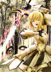 Rule 34 | 1girl, ahoge, armor, armored dress, artoria pendragon (fate), blonde hair, caliburn (fate), capcom, darkredgear, dress, electricity, fate/stay night, fate/unlimited codes, fate (series), gears, green eyes, highres, ponytail, ribbon, saber (fate), saber lily, smile, solo, sword, tree, water, weapon