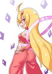 Rule 34 | 1girl, ahoge, ass, bare shoulders, blonde hair, blush, breasts, bridal gauntlets, cougar (cougar1404), crystal, from behind, gypsy, long hair, looking at viewer, looking back, majin shoujo, open mouth, pants, pantylines, princess, red eyes, riva, shawl, shiny skin, sideboob, smile, solo, very long hair, wedgie