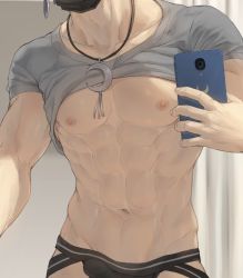 Rule 34 | 1boy, abs, black mask, bulge, cellphone, clothes lift, collarbone, commentary, contemporary, crescent, crescent necklace, cu chulainn (fate), cu chulainn (fate/stay night), earrings, erection, erection under clothes, fate/stay night, fate (series), holding, holding phone, indoors, jewelry, jockstrap, male focus, male underwear, mask, mondi hl, mouth mask, muscular, muscular male, navel, necklace, nipples, out of frame, pendant, phone, selfie, shirt, shirt lift, short sleeves, solo, t-shirt, underwear, upper body, white shirt
