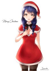 Rule 34 | 10s, 1girl, absurdres, artist name, black pantyhose, blue hair, blush, braid, breasts, capelet, christmas, cleavage, cowboy shot, dress, fur trim, hair ornament, hair over shoulder, hairclip, hand on own chest, hat, highres, long hair, medium breasts, merry christmas, pantyhose, red capelet, red dress, santa hat, shokugeki no souma, short dress, simple background, skindentation, smile, solo, sunako (veera), tadokoro megumi, thighband pantyhose, twin braids, white background, yellow eyes
