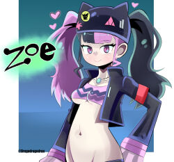 Rule 34 | 1girl, :&gt;, ass, character name, dragodragodran, feet out of frame, hand on own hip, heart, long hair, looking at viewer, mesugaki, multicolored hair, navel, no bra, palworld, pink eyes, simple background, skirt, smile, solo, twintails, two-tone hair, very long hair, zoe rayne