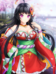 Rule 34 | 1girl, ahoge, black hair, blurry, blurry background, breasts, choker, cleavage, day, detached sleeves, gigamessy, hand up, japanese clothes, long hair, looking at viewer, magatama hair ornament, medium breasts, outdoors, purple eyes, sakuya (stella glow), smile, standing, stella glow, wide sleeves, wristband