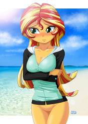 Rule 34 | 1girl, absurdres, beach, blush, bottomless, breasts, clothes, cloud, female focus, highres, jacket, looking away, my little pony, my little pony: equestria girls, my little pony: friendship is magic, ocean, open mouth, outdoors, plant, pussy, sand, sky, solo, standing, sunset shimmer, swimsuit, uncensored, uotapo, water