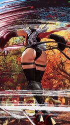 Rule 34 | 1girl, 3d, apron, ass, black hair, black leotard, breasts, butt crack, curvy, forest, highleg, highleg leotard, highres, holding, holding weapon, huge ass, iroha (samurai spirits), large breasts, leotard, maid, maid headdress, nature, ryona, samurai spirits, screencap, shiny skin, sideboob, skindentation, slashing, solo, standing, thighhighs, third-party edit, thong leotard, weapon, white apron, wide hips, wind
