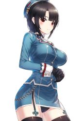 Rule 34 | 10s, 1girl, beret, black gloves, black hair, black panties, blue hair, blush, breasts, cowboy shot, garter straps, gloves, hand on hand, hat, kantai collection, kfr, large breasts, looking at viewer, panties, pantyshot, red eyes, shiny clothes, shiny skin, short hair, simple background, smile, solo, standing, takao (kancolle), thighhighs, underwear, upper body, white background