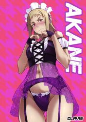 Rule 34 | 1girl, artist name, blonde hair, blush, bridal gauntlets, chainsaw man, clavis art, cross-laced clothes, fingerless gloves, frilled gloves, frills, garter belt, garter straps, gloves, looking at viewer, maid, maid headdress, midriff, patterned background, purple theme, red eyes, sawatari akane (chainsaw man), see-through, see-through skirt, short hair, simple background, skirt, slit pupils, solo, thong