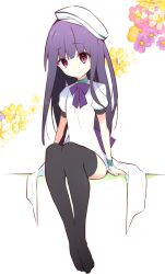 Rule 34 | 1girl, arms at sides, black thighhighs, blue wrist cuffs, blunt bangs, bow, closed mouth, commentary, cosplay, dress, eyes visible through hair, floral background, flower, full body, furude rika, highres, higurashi no naku koro ni, knees up, legs together, long hair, looking at viewer, pink flower, puffy short sleeves, puffy sleeves, purple bow, purple eyes, purple flower, purple hair, ryuuguu rena, ryuuguu rena (cosplay), short sleeves, simple background, sitting, smile, solo, straight hair, suzuragi karin, thighhighs, very long hair, white background, white dress, wrist cuffs, yellow flower