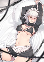 Rule 34 | 1girl, ahoge, alternate costume, arms up, bikini, blush, breasts, chain, enmaided, fate/grand order, fate (series), frilled bikini, frilled thighhighs, frills, grey hair, hair between eyes, jeanne d&#039;arc (fate), jeanne d&#039;arc alter (avenger) (fate), jeanne d&#039;arc alter (fate), jjune, lace, lace-trimmed bikini, lace-trimmed legwear, lace trim, large breasts, lying, maid, maid bikini, maid headdress, medium breasts, navel, on back, short hair, shrug (clothing), skindentation, solo, swimsuit, thighhighs, thighs, twitter username, unconventional maid, yellow eyes