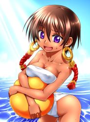 Rule 34 | 1girl, bad id, bad tinami id, ball, beachball, blue eyes, breasts, brown hair, cleavage, cowboy shot, culdcept, day, earrings, funnyari, hair between eyes, hip focus, holding, jewelry, leaning forward, looking at viewer, medium breasts, najaran, ocean, one-piece swimsuit, open mouth, outdoors, short hair, smile, solo, standing, strapless, strapless one-piece swimsuit, sweatdrop, swimsuit, wading, wavy mouth, white one-piece swimsuit