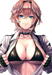 Rule 34 | 1girl, bikini, black bikini, black choker, black gloves, blue eyes, breast focus, breasts, choker, cleavage, collared shirt, feathered wings, fingerless gloves, gloves, hair between eyes, hair wings, headband, highres, hololive, large breasts, looking at viewer, open clothes, open shirt, pink hair, shirt, short hair, simple background, solo, supa 9 rou, sweat, sweatdrop, swimsuit, takane lui, takane lui (1st costume), unbuttoned, unbuttoned shirt, virtual youtuber, white background, white shirt, wings