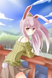 Rule 34 | 1girl, alternate costume, alternate hairstyle, animal ears, bad id, bad pixiv id, bare shoulders, black bra, blue sky, blush, bra, cloud, day, female focus, fence, forest, lingerie, long hair, looking back, nagatsuki shiwasu, nature, off shoulder, pink hair, ponytail, rabbit ears, rabbit girl, rabbit tail, railing, red eyes, reisen udongein inaba, scrunchie, shirt, skirt, sky, smile, solo, tail, touhou, underwear, wind, wind lift