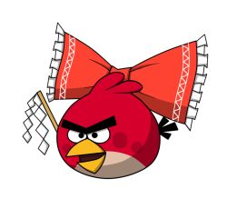 Rule 34 | angry birds, bird, bow, cosplay, frilled bow, frills, gohei, hakurei reimu, hakurei reimu (cosplay), lunarisaileron, open mouth, red (angry birds), red bow, simple background, solo, touhou, white background