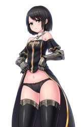 Rule 34 | &gt;:(, 1girl, bare shoulders, black bow, black hair, black panties, black thighhighs, blush, bow, bow panties, breasts, brown eyes, closed mouth, clothes lift, cowboy shot, dress, dress lift, dungeon and fighter, female priest (dungeon and fighter), frown, gauntlets, halterneck, highres, lace, lace panties, looking at viewer, medium breasts, panties, poorgom, red bow, short hair, simple background, solo, thighhighs, tsurime, turtleneck, underwear, v-shaped eyebrows, white background