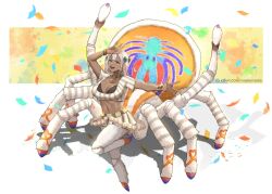 Rule 34 | 1girl, arachne, arms up, arthropod girl, body markings, breasts, dancing, dark skin, full body, insect girl, large breasts, looking at viewer, midriff, monster girl, navel, open mouth, original, self-upload, spider girl, tan, taur, white hair, yuurayuura
