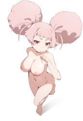 Rule 34 | 1girl, afro puffs, breasts, chuatury panlunch, double bun, full body, groin, gundam, gundam suisei no majo, hair bun, hand up, highres, holding, looking at viewer, medium breasts, navel, nekono matatabi, nipples, nude, pink hair, red eyes, shadow, short eyebrows, simple background, solo, standing, standing on one leg, v-shaped eyebrows, white background